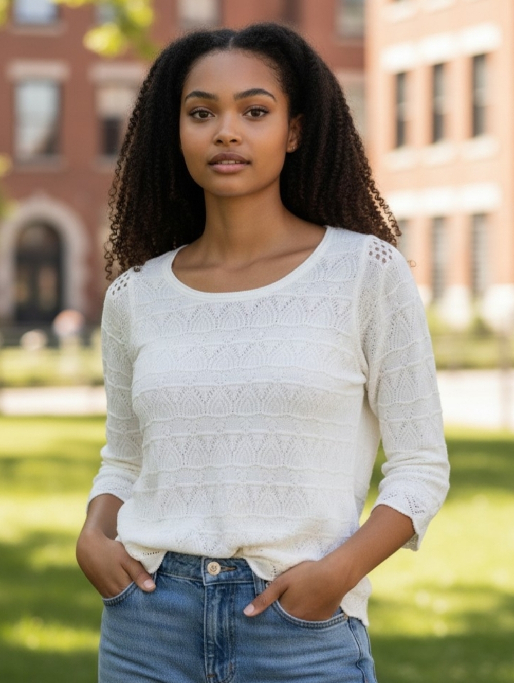 💥Christina Scalloped Crochet Knit 3/4 Sleeve Top